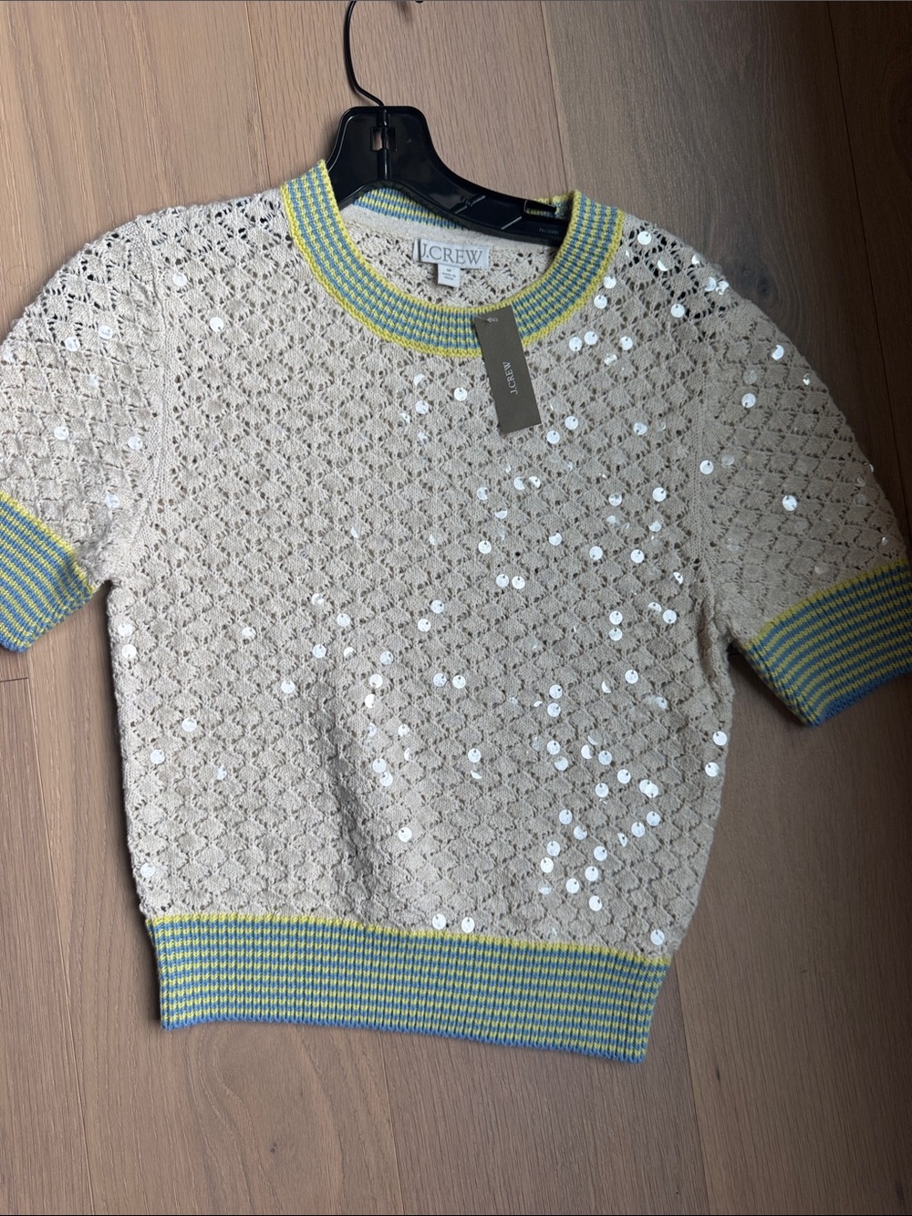 J. Crew Cream Sequin Short-Sleeve Sweater with Yellow and Blue Trim